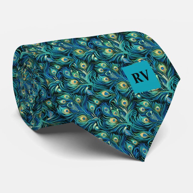 Cravate Turquoise bleu Peacock Feathers Mariage (Roulé)