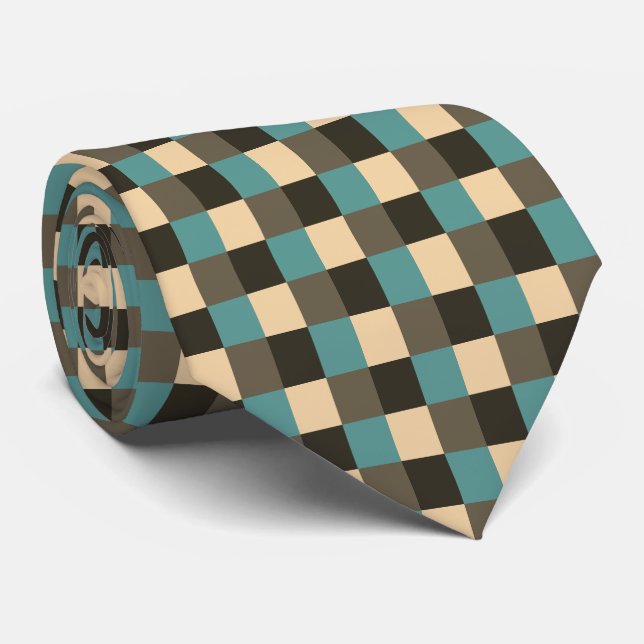 Cravate Turquoise Brown Chocolat Beige Crème Tan Plaid (Roulé)