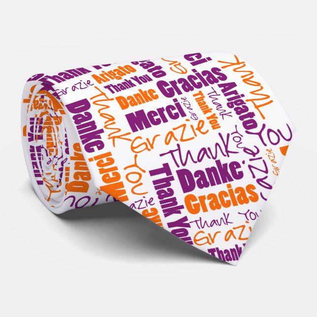 Cravate Typographie multilingue du Merci orange violet (Roulé)
