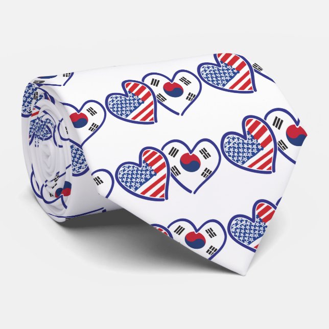 Cravate USA Corée du Sud aime les coeurs (Roulé)