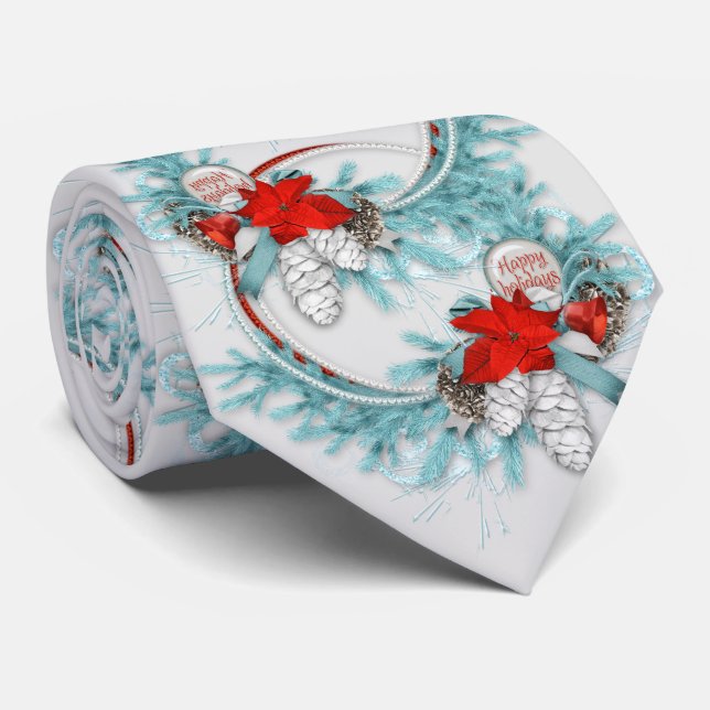 Cravate Vacances Turquoises de Noël Wreath Red Bow (Roulé)