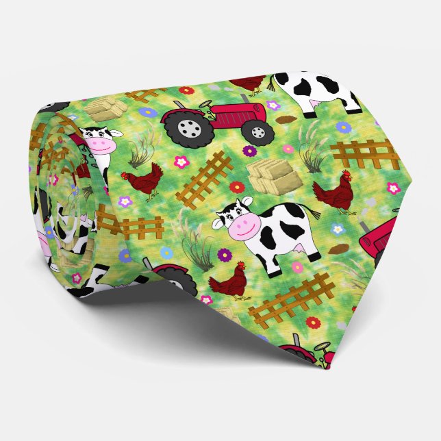 Cravate Vache de chantier agricole et tracteur rouge (Roulé)