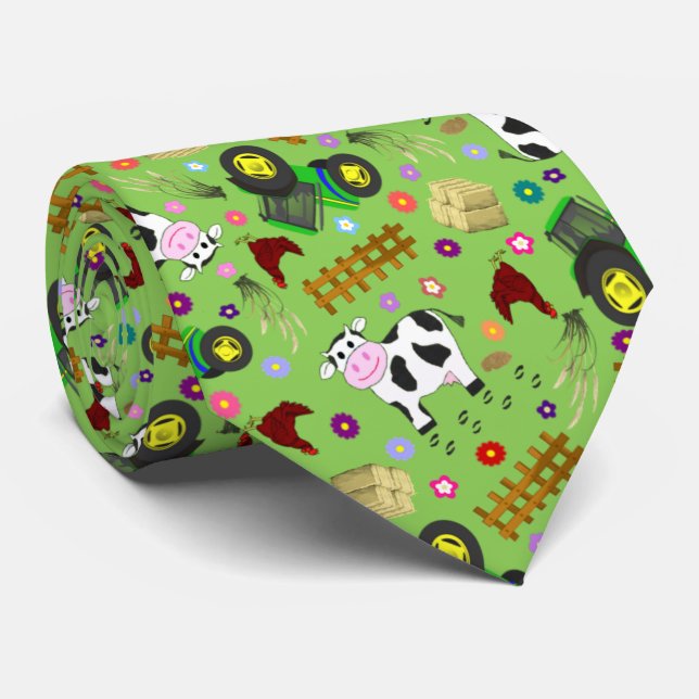 Cravate Vache de chantier agricole et tracteur vert (Roulé)