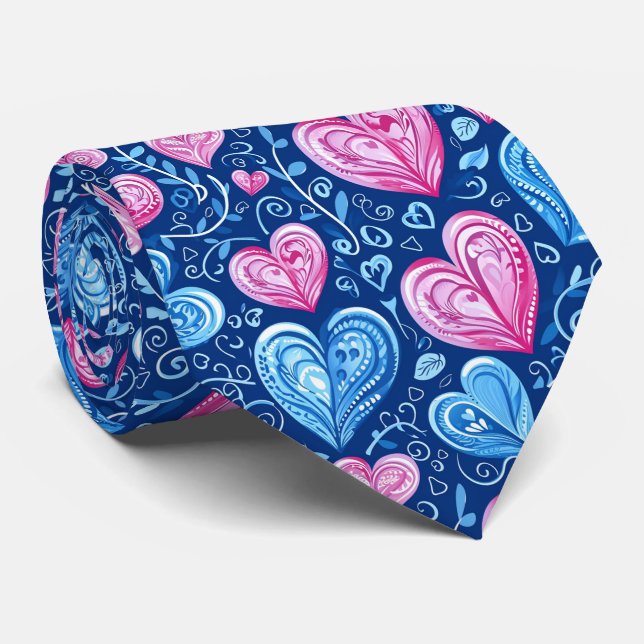 Cravate Valentine's Pretty Blue and Pink Hearts (Roulé)
