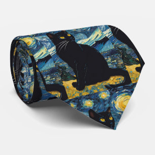 Cravate Van Gogh Starry Night Black Cat
