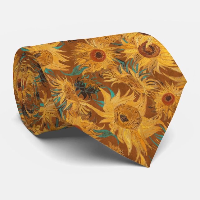 Cravate Van Gogh Sunflowers copper brown yellow turquoise (Roulé)