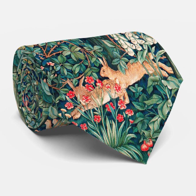 Cravate VERDURE, ANIMAUX FORESTIERS, Hares, Floral vert (Roulé)