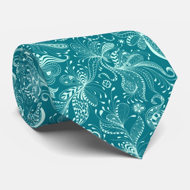 Cravate Vert clair & Turquoise Fleurs Exotiques (Roulé)