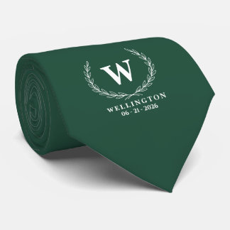 Cravate Vert Émeraude Monogramme Mariage Nom Laurier Blanc