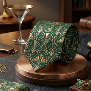 Cravate Vert émeraude or Art déco Gatsby géométrique