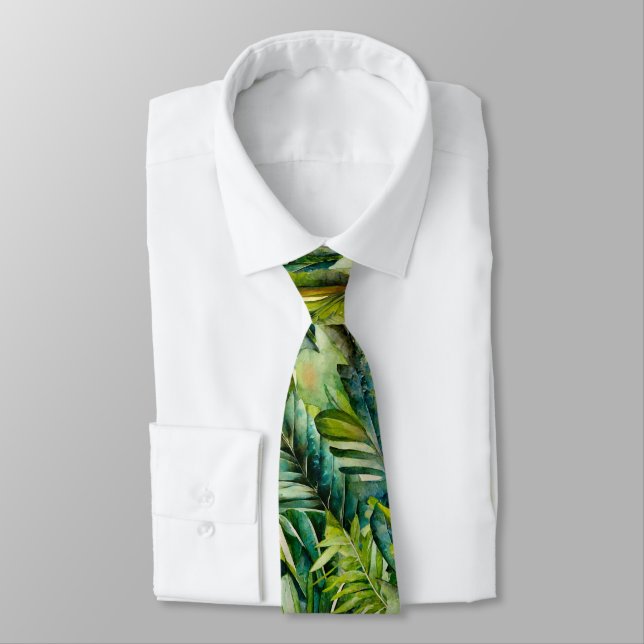 Cravate Vert et Turquoise Aquarelle Tropical Palm Feuille (Attaché)