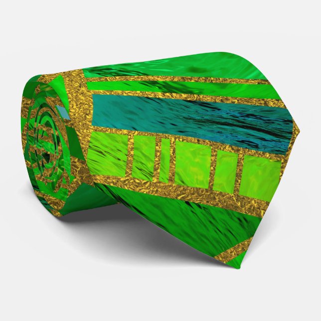 Cravate Vert géométrique et motif tribal africain d'or (Roulé)