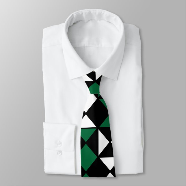 Cravate Vert Noir Géométrique Blanc  (Attaché)