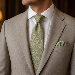 Cravate Vert sauge damassé floral vintage de luxe