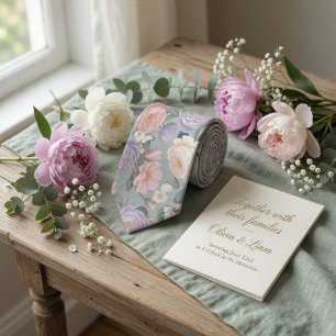 Cravate Vert Sauge Doux Floral Rose Pivoine Pastel