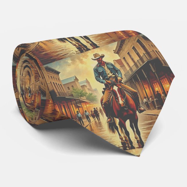 Cravate Ville Occidentale Avec Cowboy Sur Cheval (Roulé)