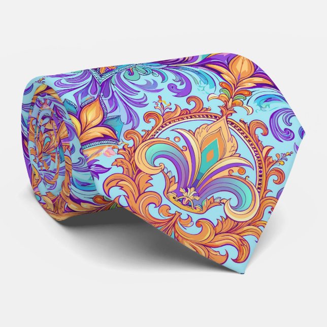 Cravate Violet baroque Fleur de Lis, motif français de Lil (Roulé)