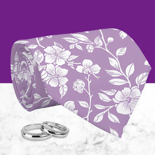 Cravate Violet Poussiéreux et Chinoiserie Florale Blanche