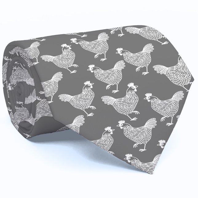 Cravate Volaille de poulet (Gray and white hen chicken poultry farm neck tie)