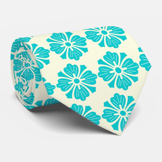 Cravate Wallstreet Hibiscus Foulard Ecru & Turq Deux faces (Roulé)