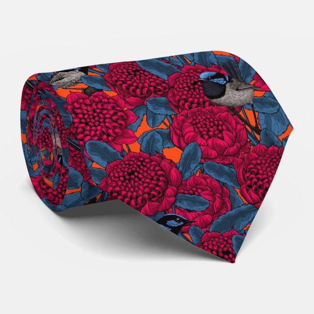 Cravate Waratah rouge et brunes (Roulé)