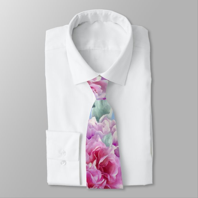 Cravate Watercolor Lush Pink Peonies & Green Teal Leaves (Attaché)