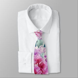 Cravate Watercolor Lush Pink Peonies & Green Teal Leaves