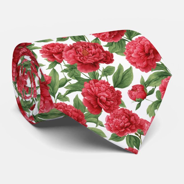 Cravate Watercolor Red Peony Floral Pattern (Roulé)
