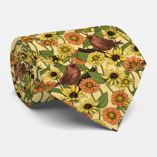 Cravate Wens et fleurs sur jaune pâle (Roulé)