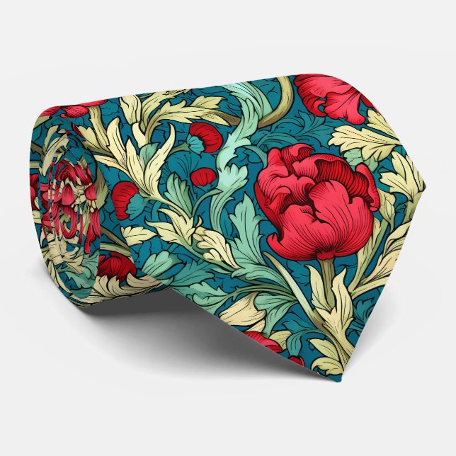 Cravate William Morris Motif inspiré des fleurs rouges (Roulé)