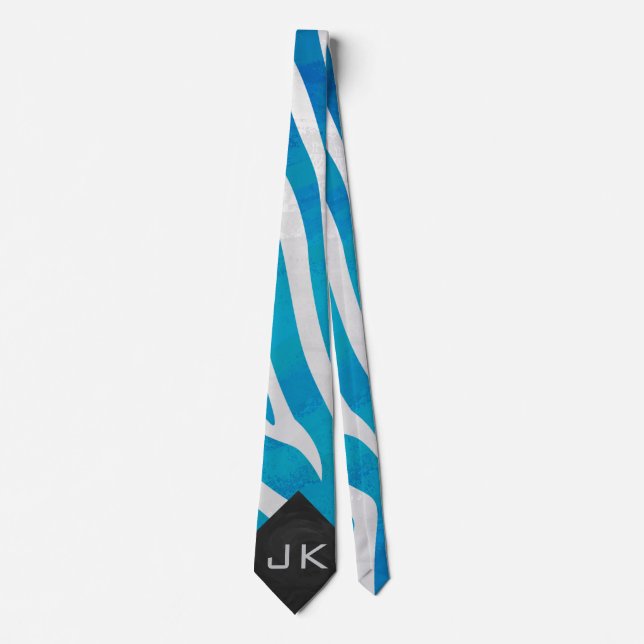 Cravate Zèbre bleu et blanc avec Monogramme (Devant)