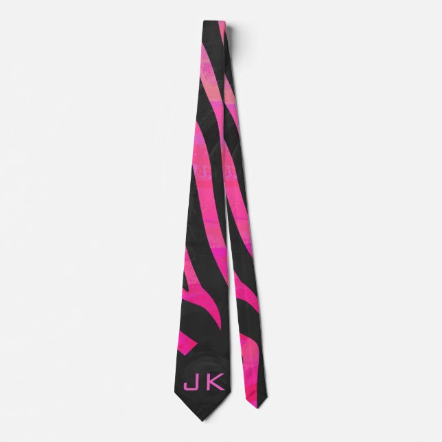Cravate Zèbre noir et rose chaud monogramme (Devant)