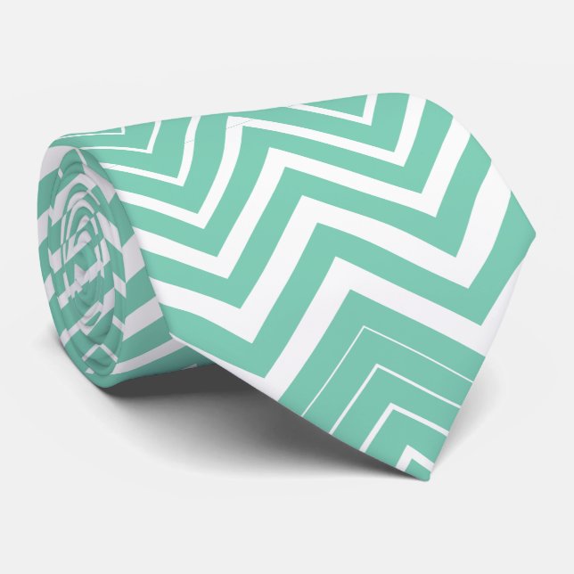 Cravate Zigzag Blanc Et Vert Menthe Chevron (Roulé)