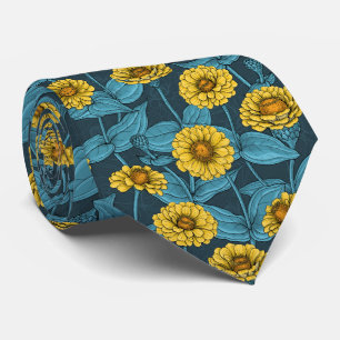 Cravate Zinnias jaune sur bleu foncé
