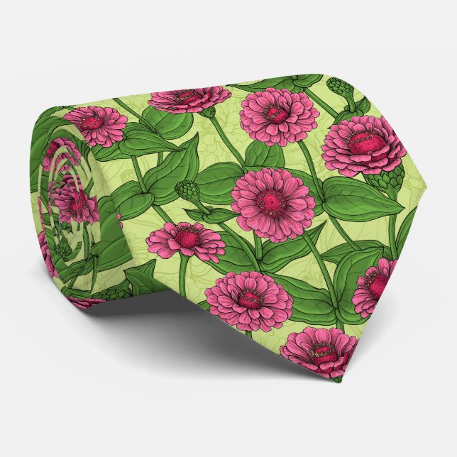 Cravate Zinnias rose sur vert clair (Roulé)