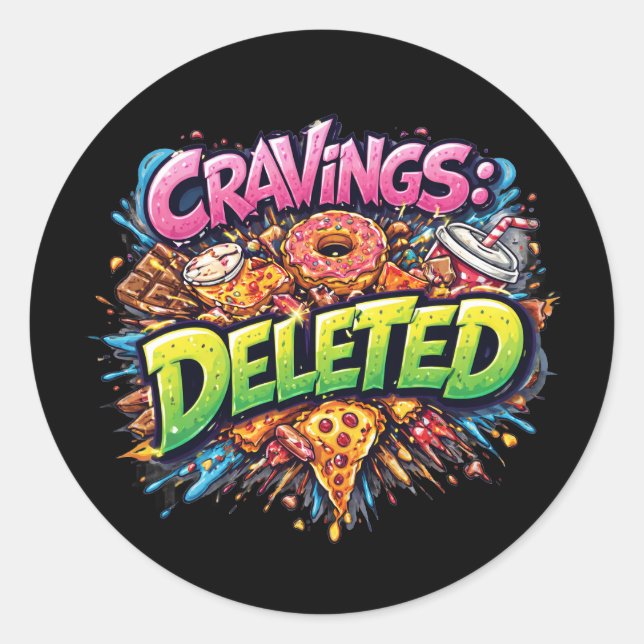 Cravings Deleted – Bold Comic Junk Food Graphic Classic Round Sticker (Front)