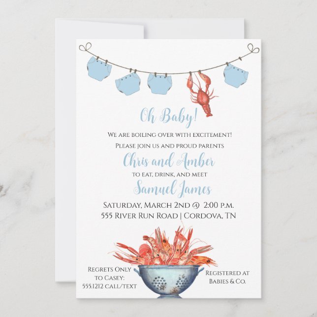Crawfish Baby Boyd Diaper Douche Invitation (Devant)