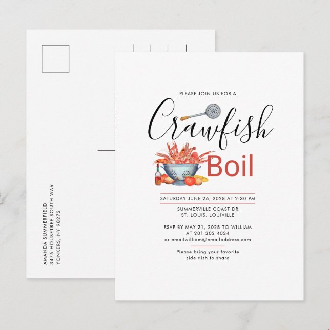 Crawfish Boil Family Cookout Seafood Party Invitation Postcard (Front/Back)