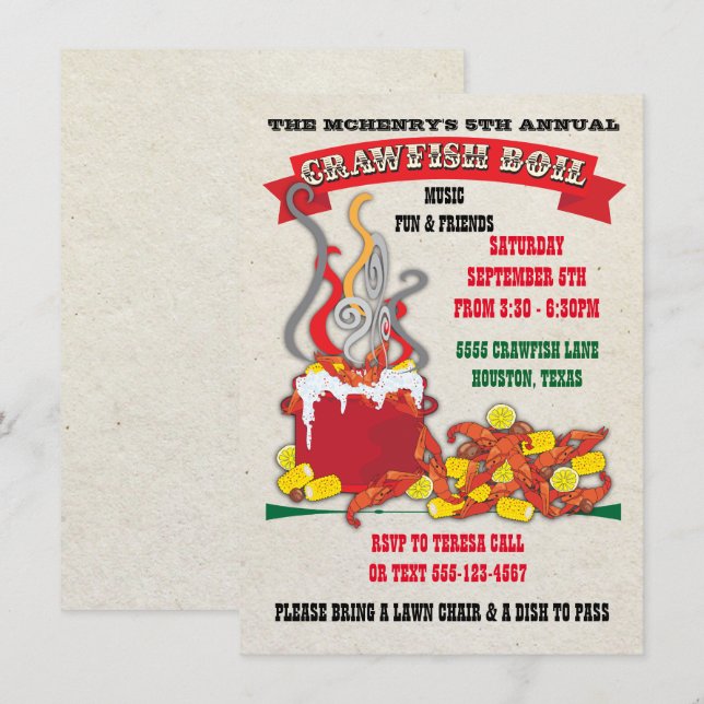 Crawfish boil invitations on antique background (Front/Back)