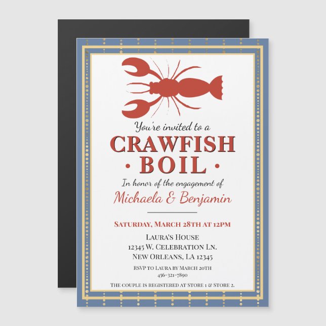 Crawfish Boil Lobster Party Blue Engagement Magnetic Invitation (Front/Back)