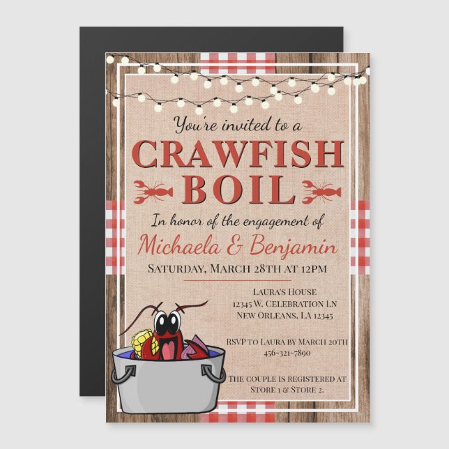 Crawfish Boil Lobster Party Engagement Rustic Magnetic Invitation (Front/Back)