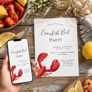 Crawfish boil party red lobster white invitation