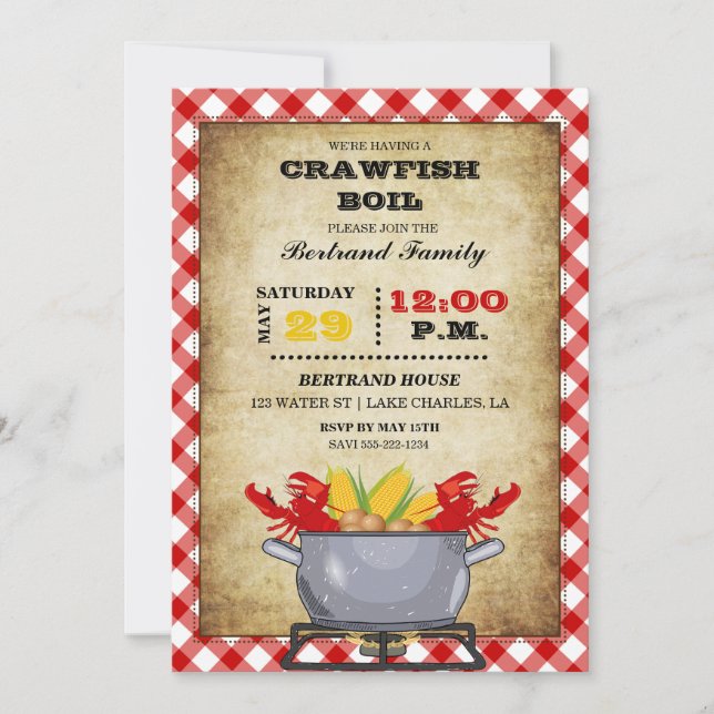 Crawfish Boil Pot Red Chequered Gingham Invitation (Front)