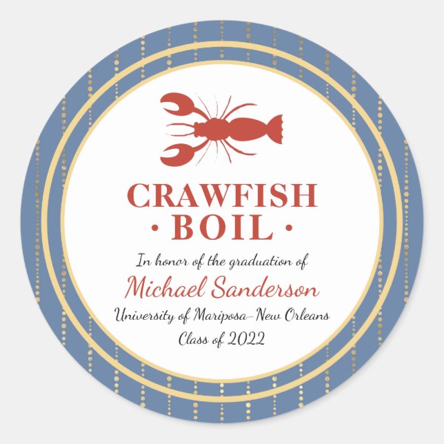 Crawfish Boil Seafood Blue Graduation Party Classic Round Sticker (Front)
