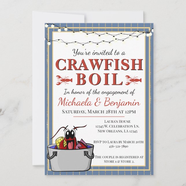 Crawfish Boil Special Event Engagement Blue Gold Invitation (Front)