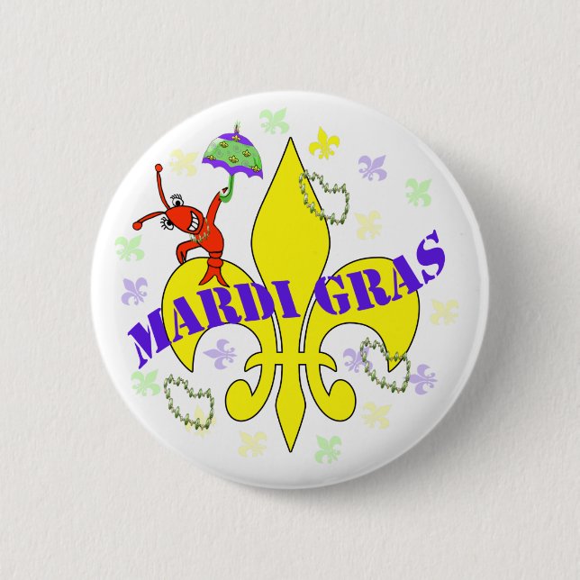 Crawfish Fleur de Lys Mardi Gras 2 Inch Round Button (Front)