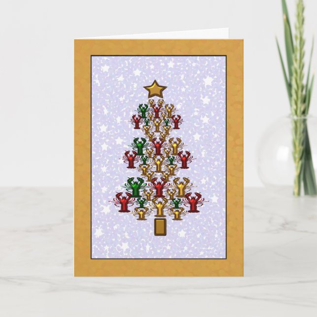 Crawfish Lobster Christmas Tree Stars (gold) Holiday Card (Front)