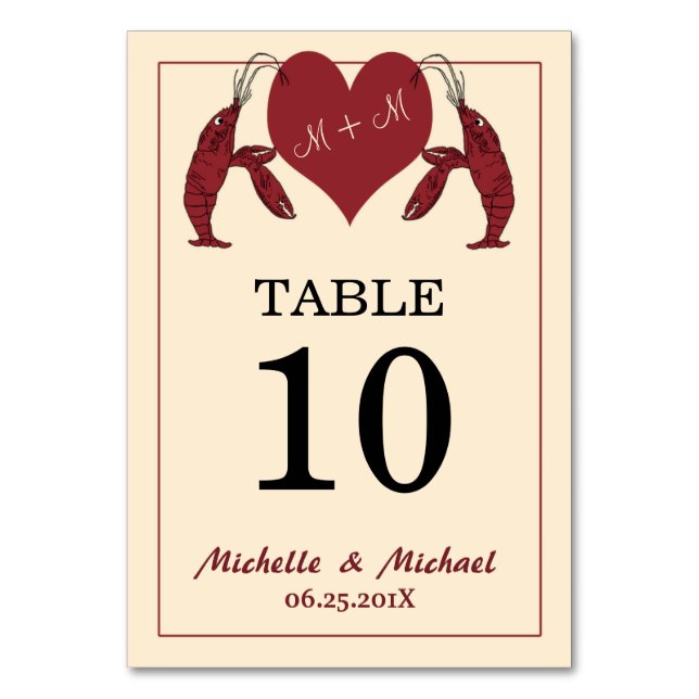 Crawfish Lobster Heart Party Table Number Card (Front)
