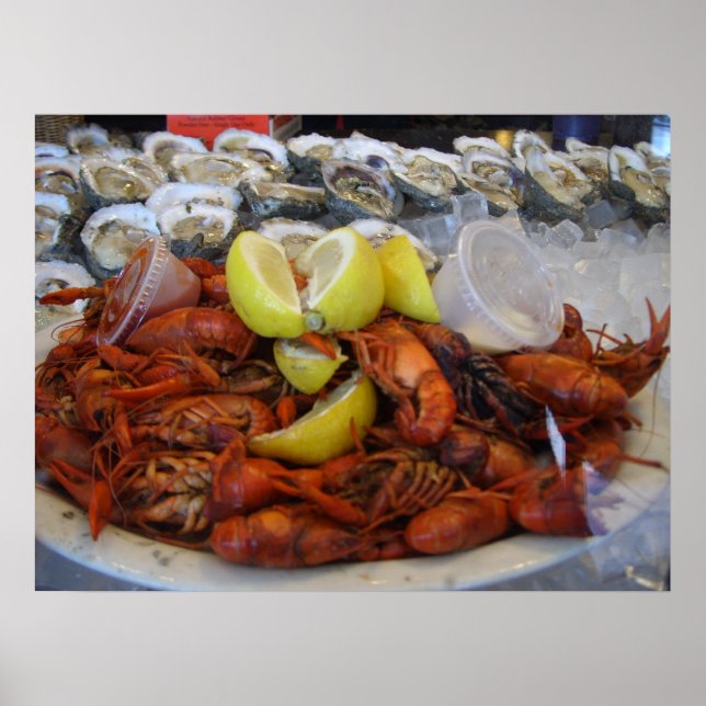 Crawfish Oysters Lemon on ice Louisiana Cuisine Poster (Front)