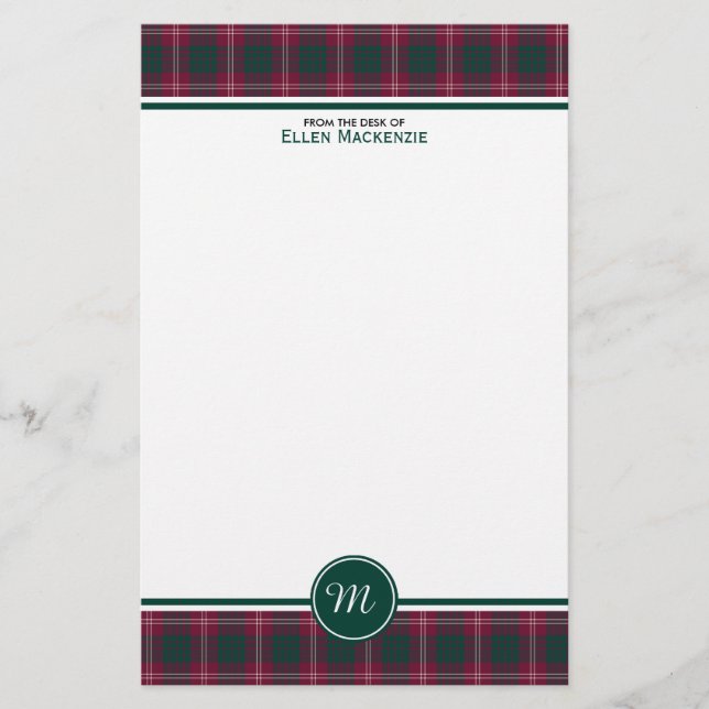 Crawford Clan Tartan Maroon Plaid Monogram Stationery (Front)
